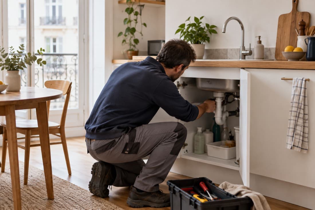 Un artisan intervient sous l’évier d’un logement